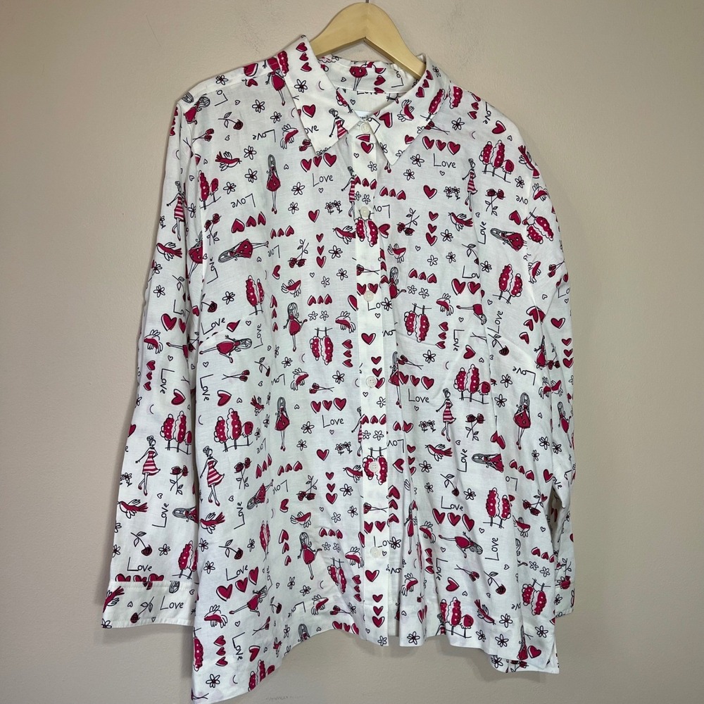 NWT CJ Banks Womens 3X Linen Blend Heart Love Button Up Shirt White Red Blouse